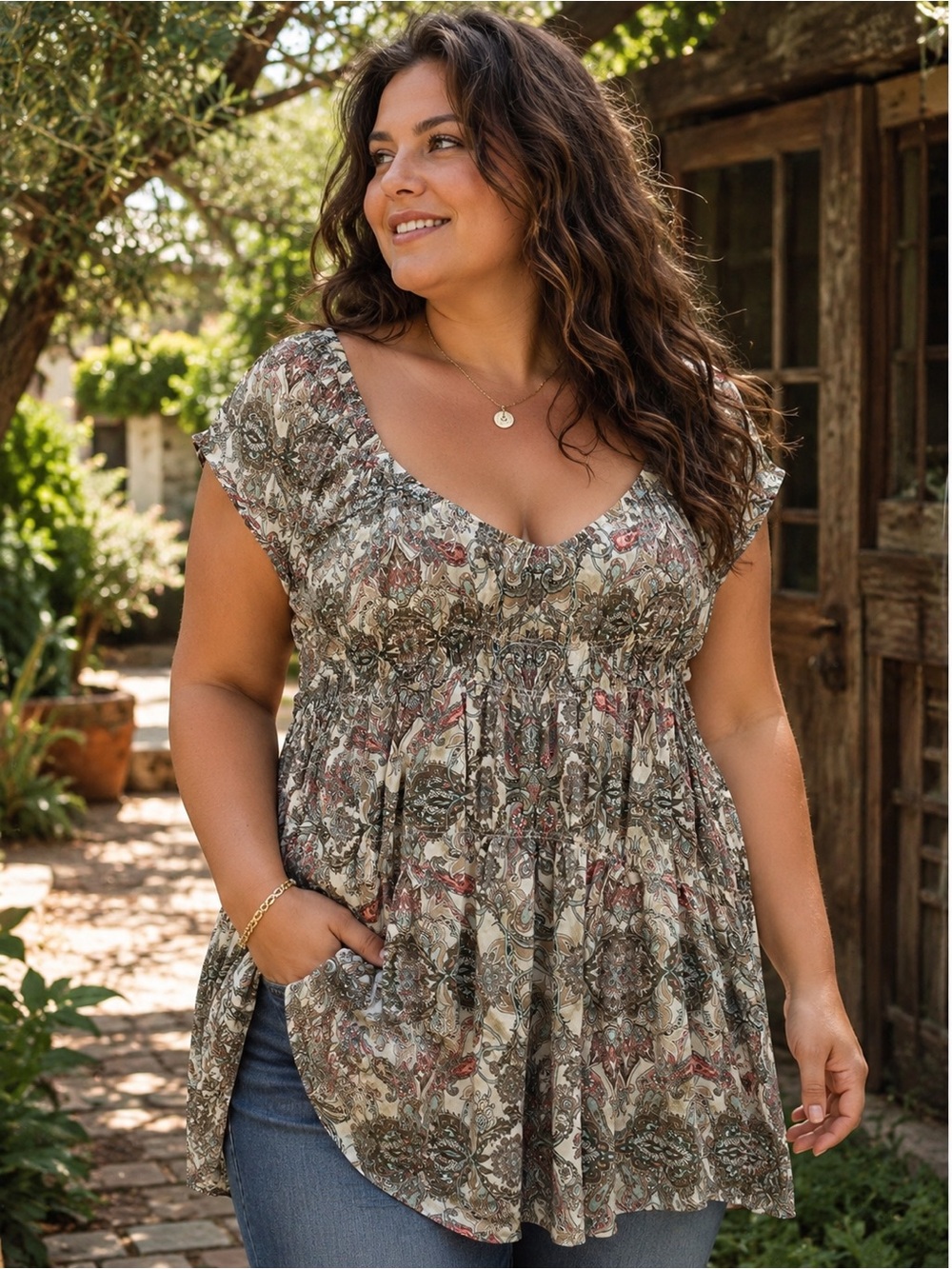 Penningtons 5X Paisley Peasant Tunic Top Boho Empire Waist Plus Size